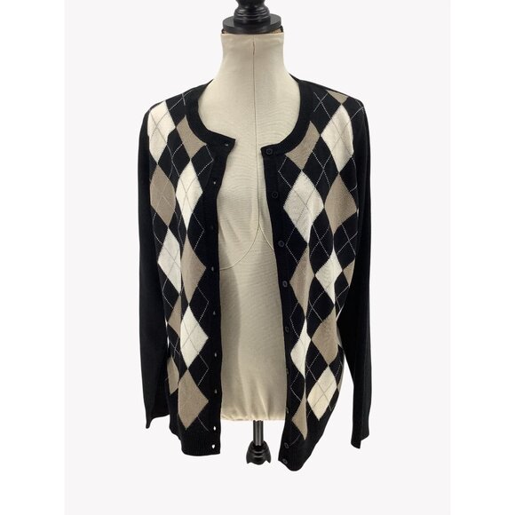 Croft & Barrow Womens XL Argyle Button-Front Cardigan Sweater Black Beige White - Picture 2 of 8